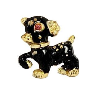 Dog Brooch Pin Gold Toned Black Enameled Pink